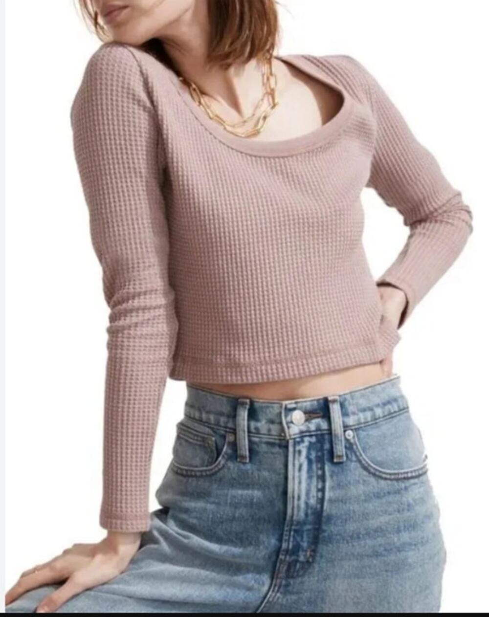Madewell Womens Waffle Long-Sleeve Crop Tee Size Small Brown Pink Color